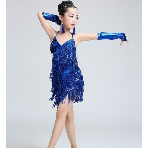 Gold Girl Children Latin Dress Dancewear Competition Dancing  sequins Modern Dance Latin Costume Child Cha-Cha Latin Dance For Girls